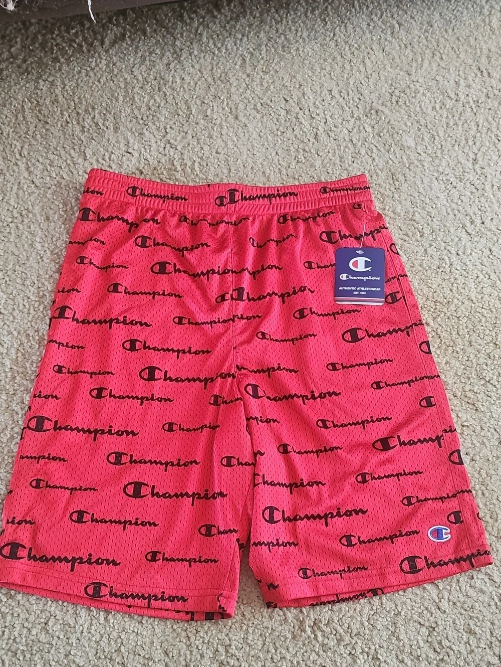 Kids XL Champion Red Logo Print Athletic Mesh Shorts NWT